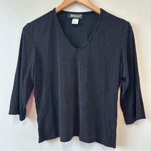 Y2K Briggs Women's Black and Pink Polka Dotted Bodycon 3/4 Sleeve Top